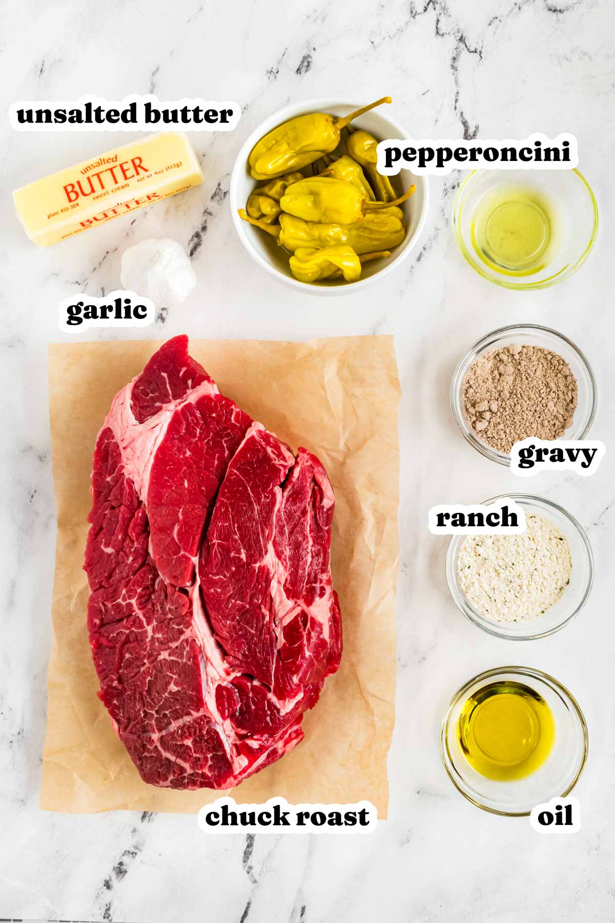 overhead view of ingredients to make mississippi pot roast with text labels