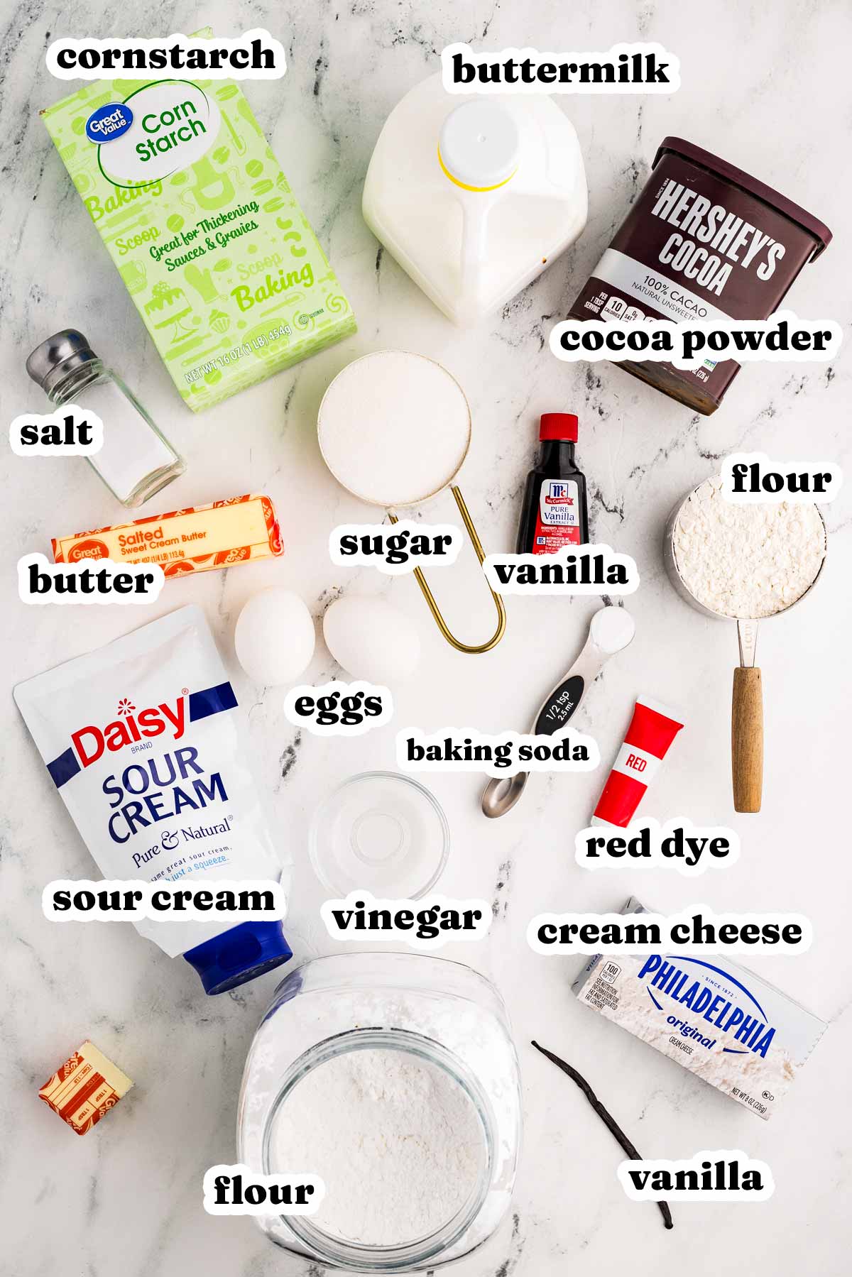 overhead view of ingredients for red velvet cupcakes with text labels