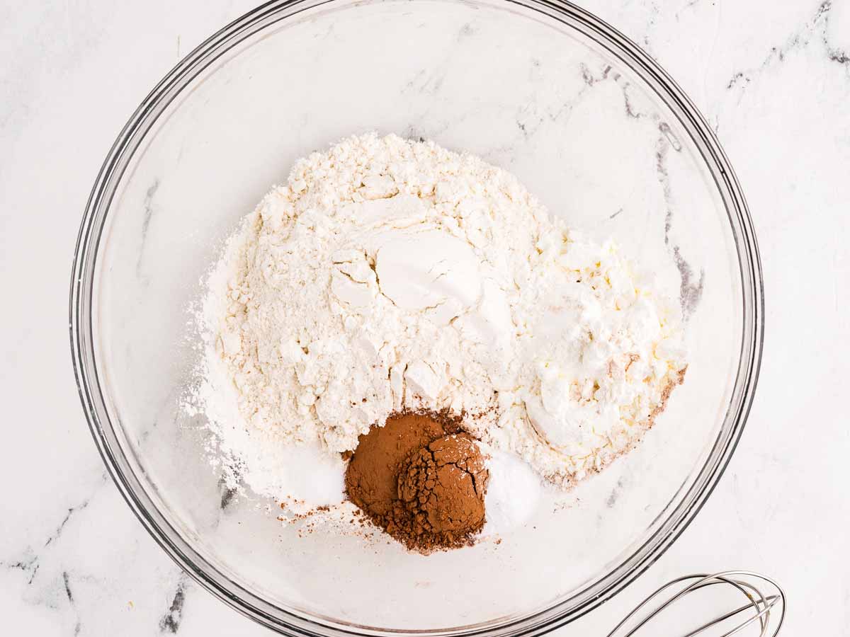 overhead view of dry ingredients for cupcakes in a bowl