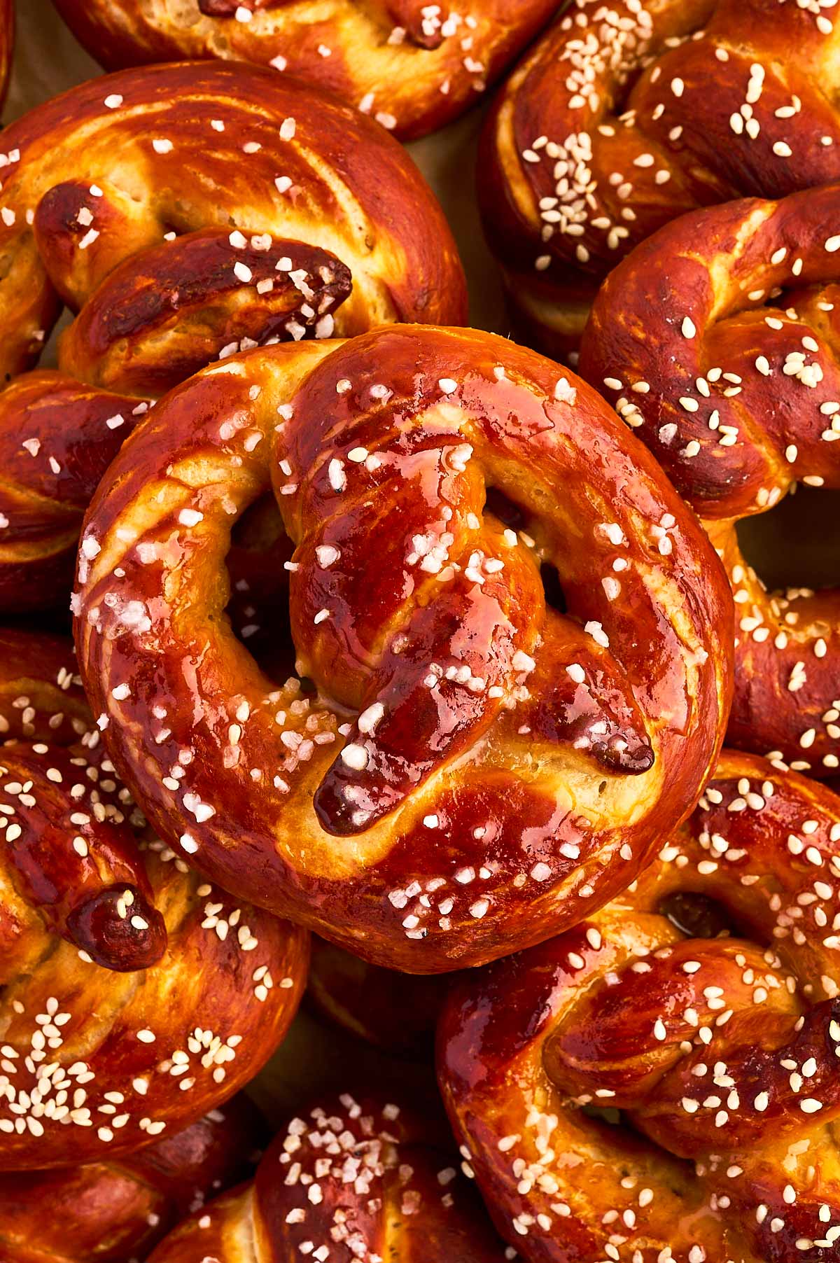 overhead close up view of piled up soft pretzels