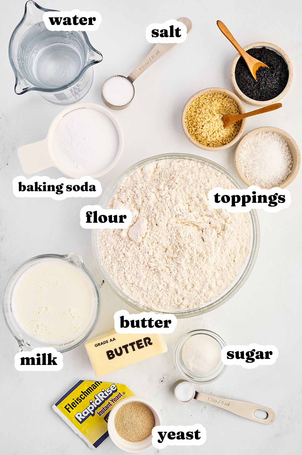 overhead view of ingredients for soft pretzels with text labels