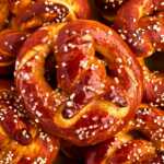 overhead close up view of piled up soft pretzels