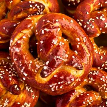 overhead close up view of piled up soft pretzels