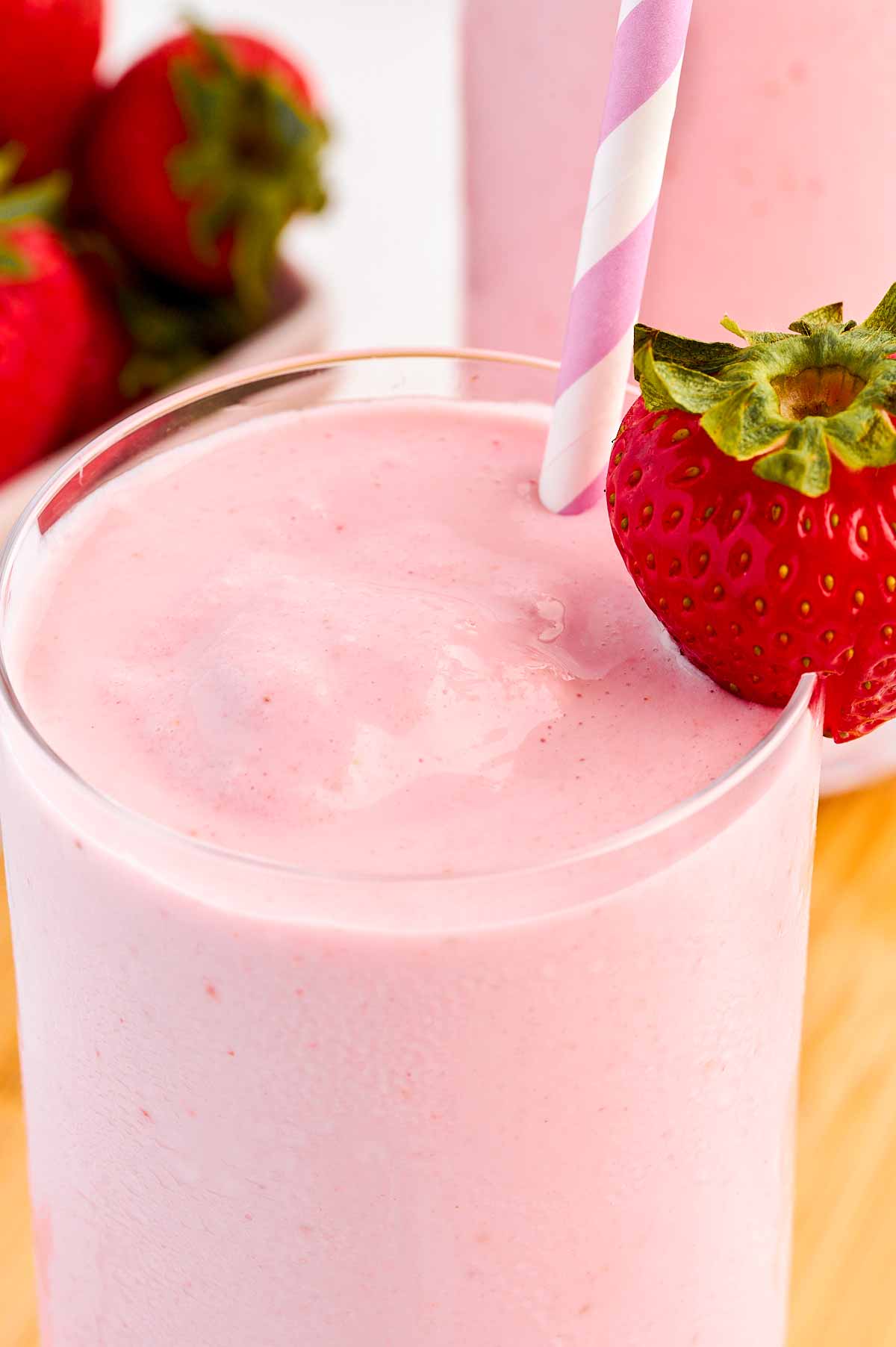 frontal close up of strawberry yogurt smoothie