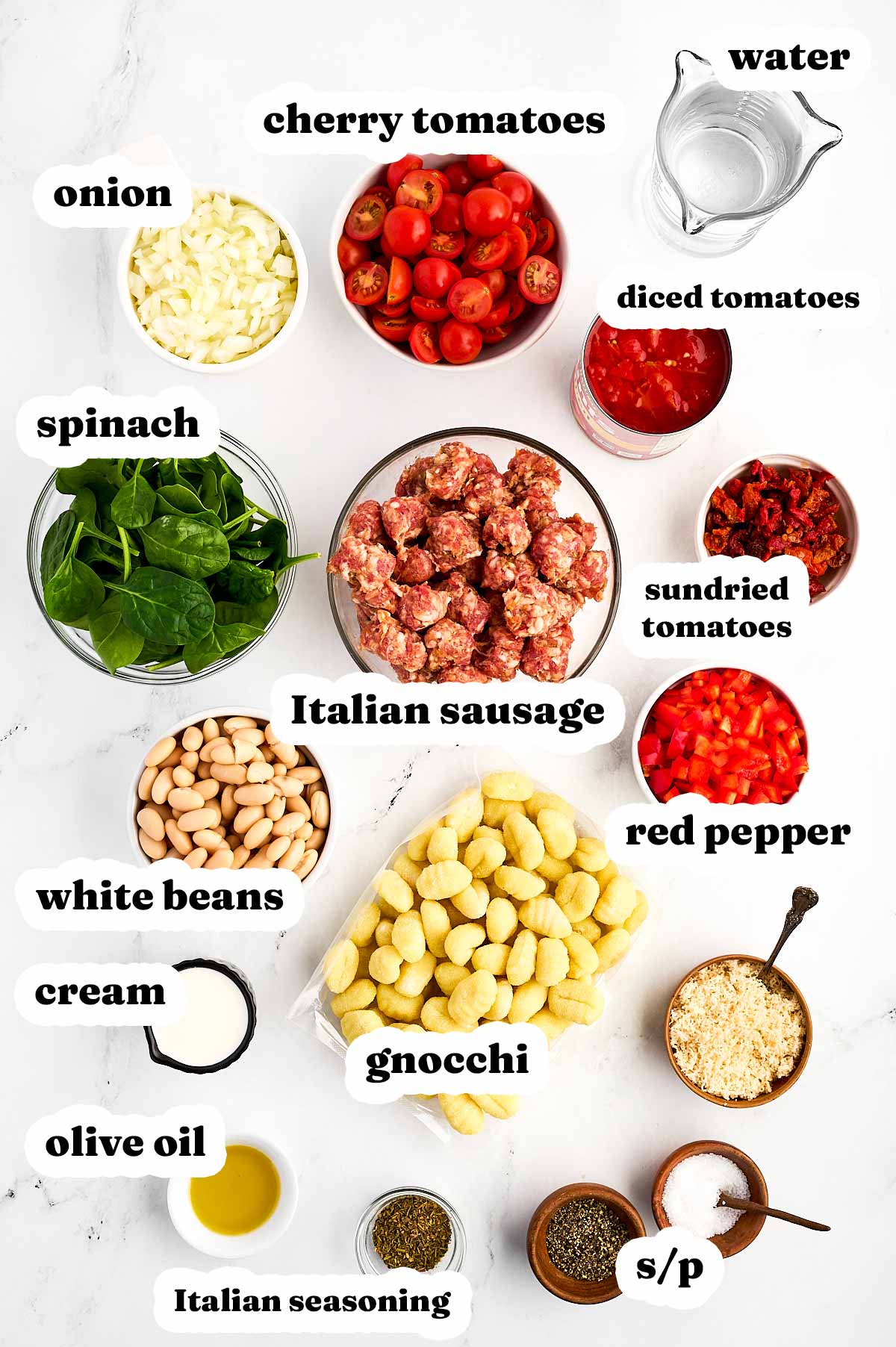 overhead view of ingredients to make tuscan white bean sausage gnocchi with text labels