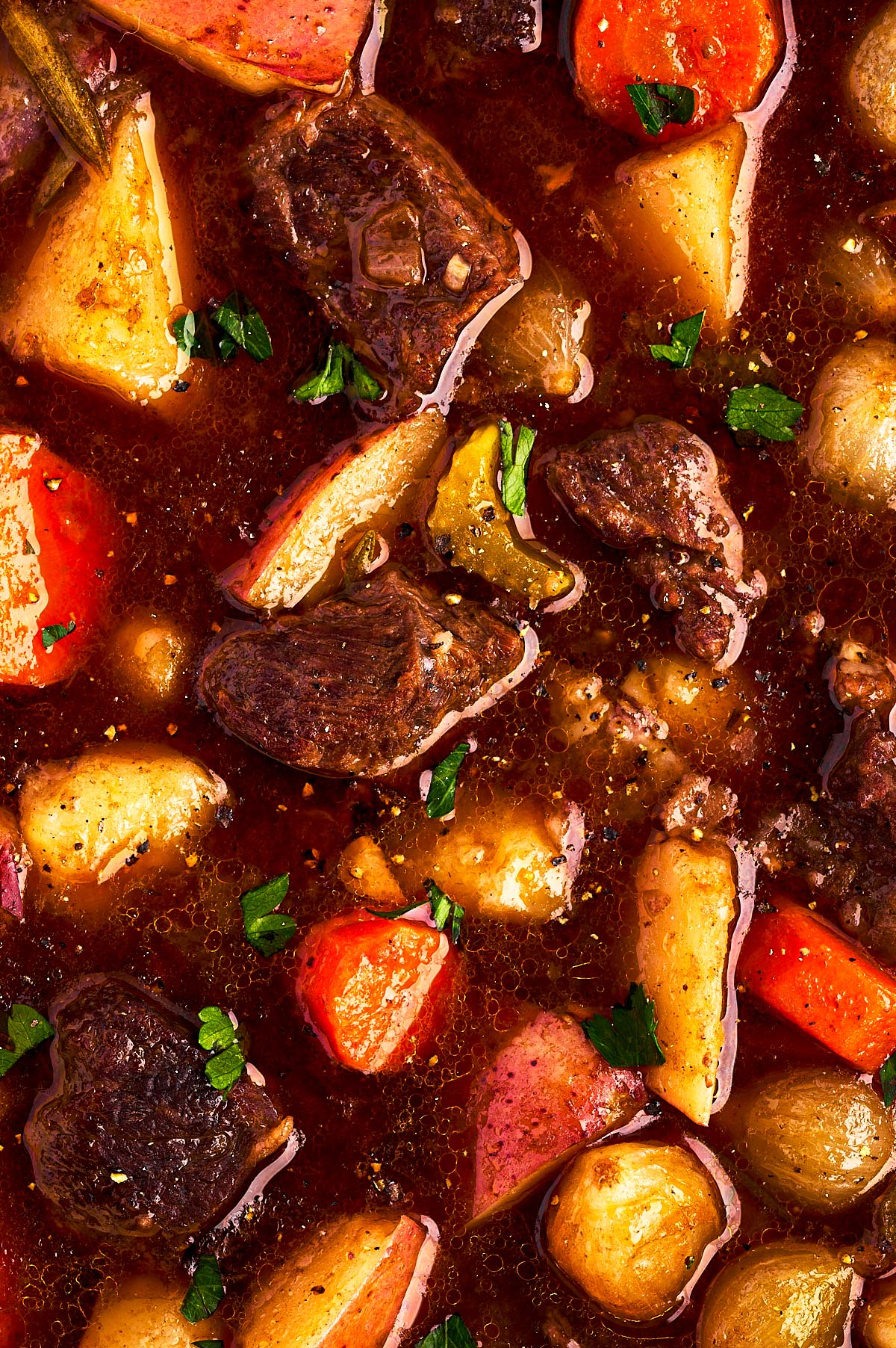 overhead close up view of beef stew