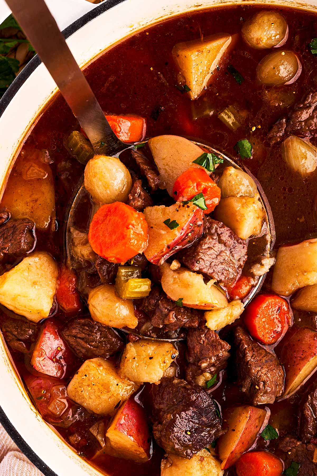 overhead view of beef stew with ladle