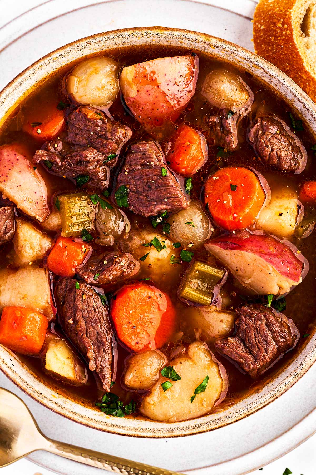 overhead close up view of beef stew in bowl