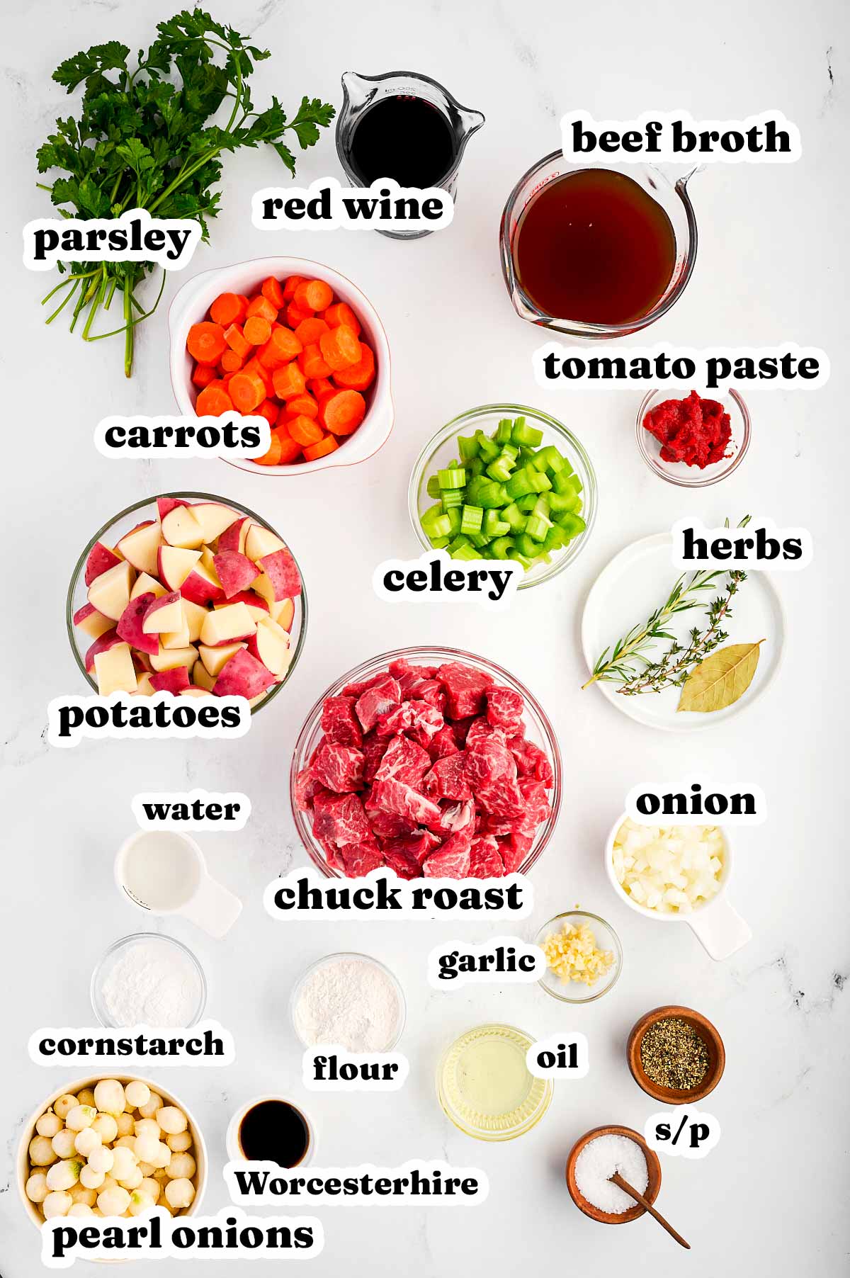 overhead view of ingredients to make classic beef stew with text labels