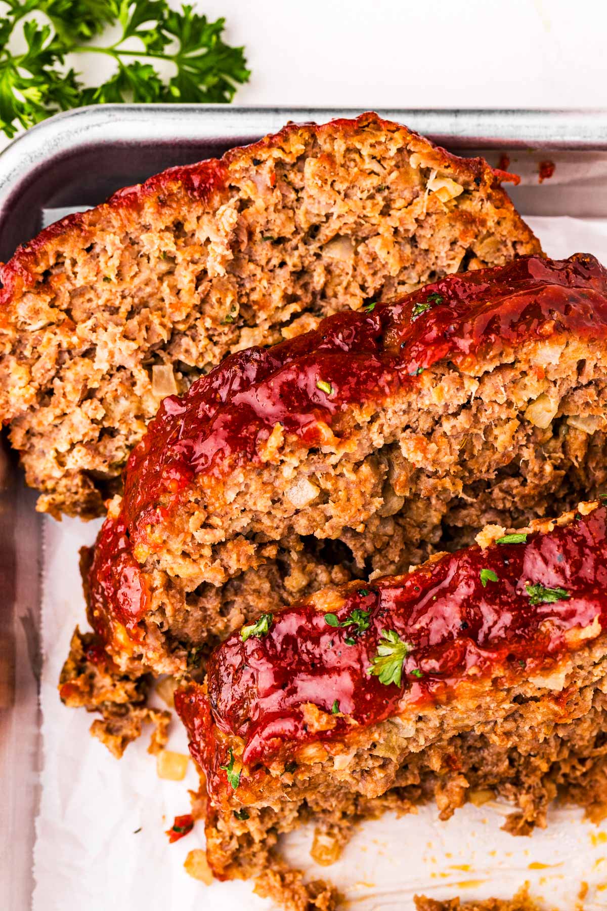 overhead close up view of sliced meatloaf