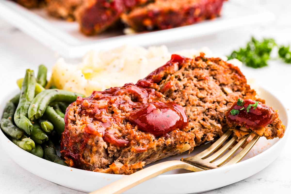 frontal view of meatloaf slice on plate