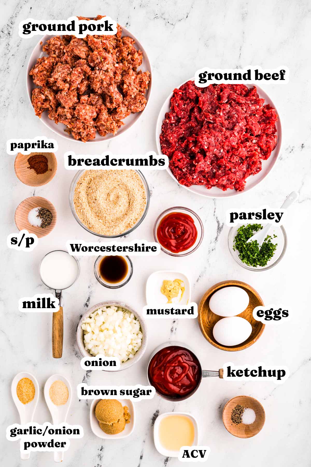 overhead view of ingredients to make classic meatloaf recipe with text labels