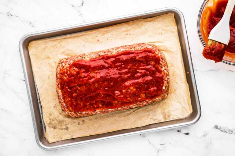 overhead view of glazed unbaked meatloaf