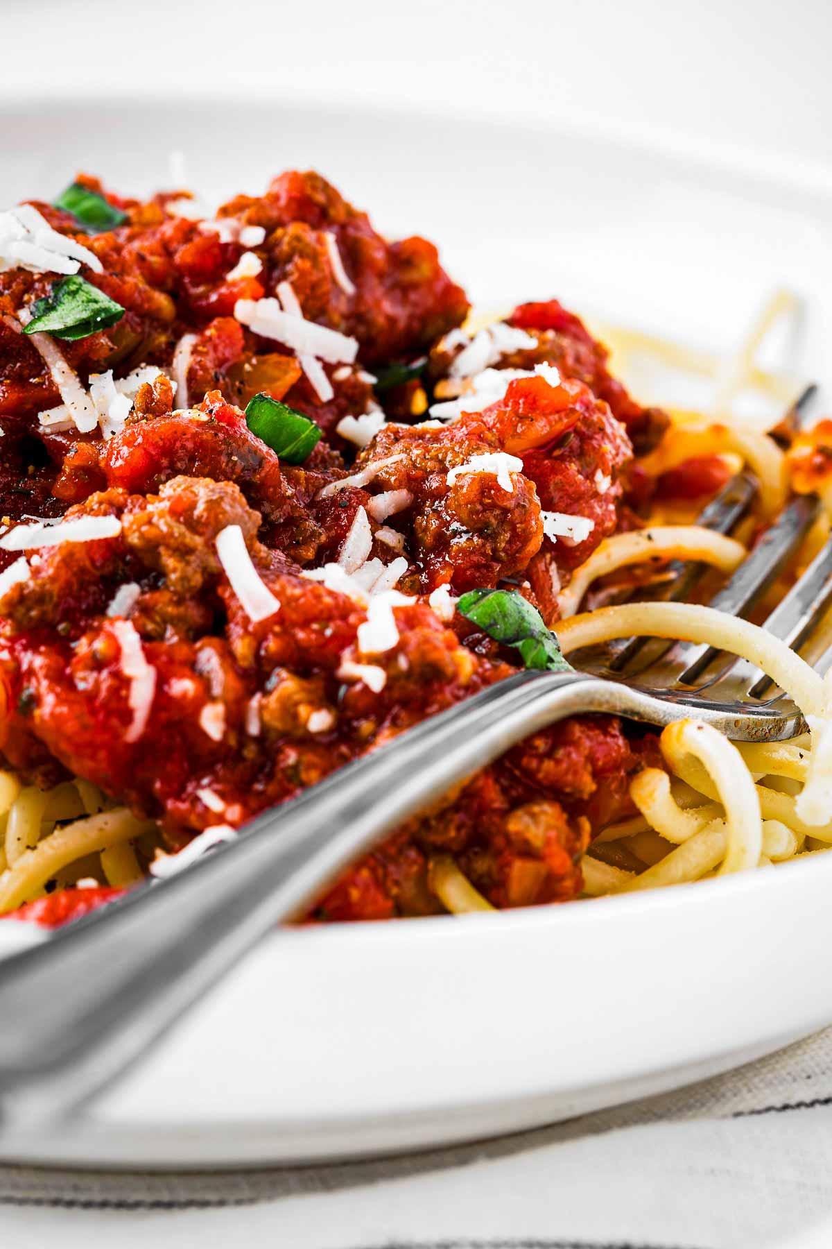 frontal close up view of spaghetti sauce on plate with spaghetti