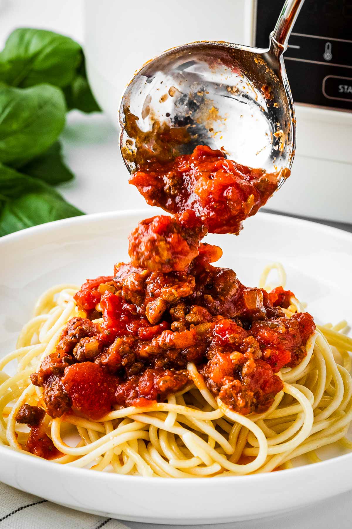 frontal view of spaghetti sauce being poured over plate of spaghetti