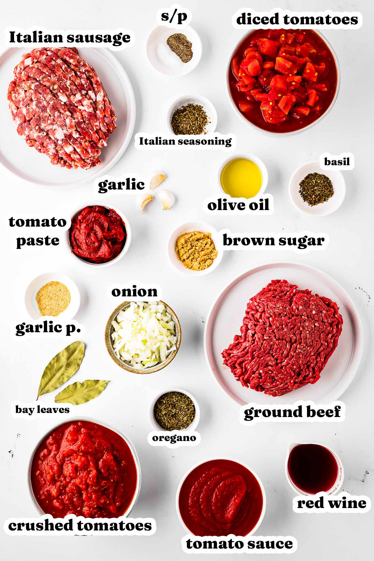 overhead view of ingredients to make slow cooker meat sauce with text labels