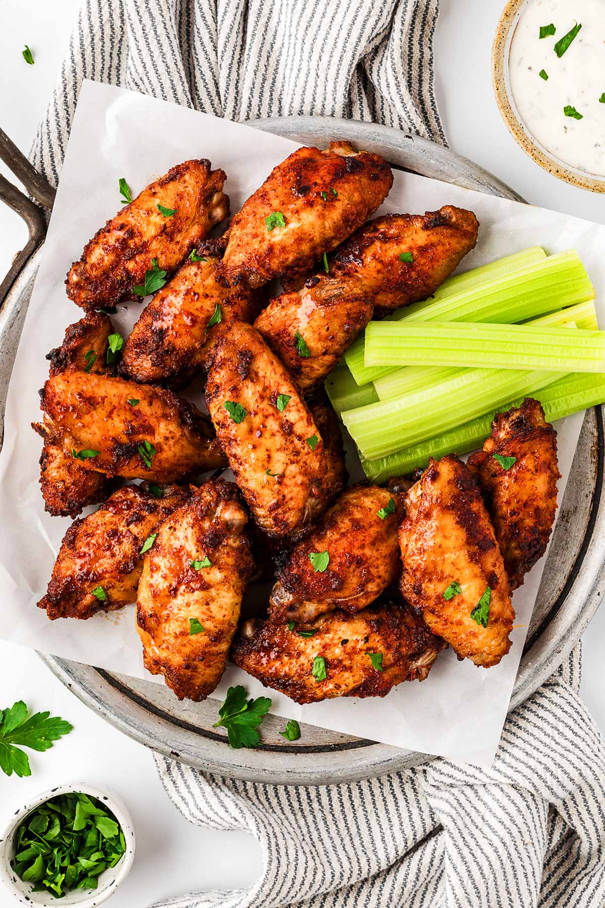 overhead view of chicken wings on plate