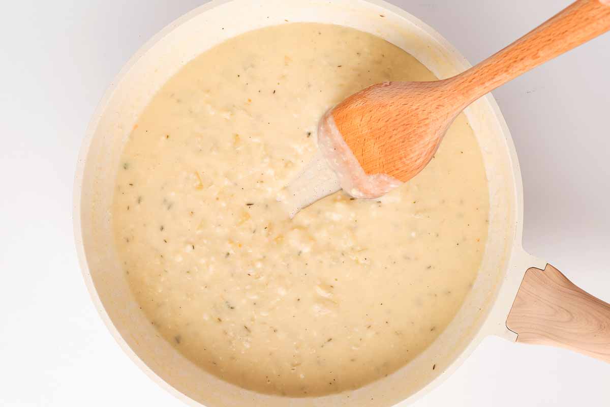 close-up of thickened sauce with added chicken and vegetables in the skillet