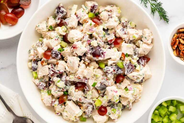 overhead view of chicken salad in white bowl