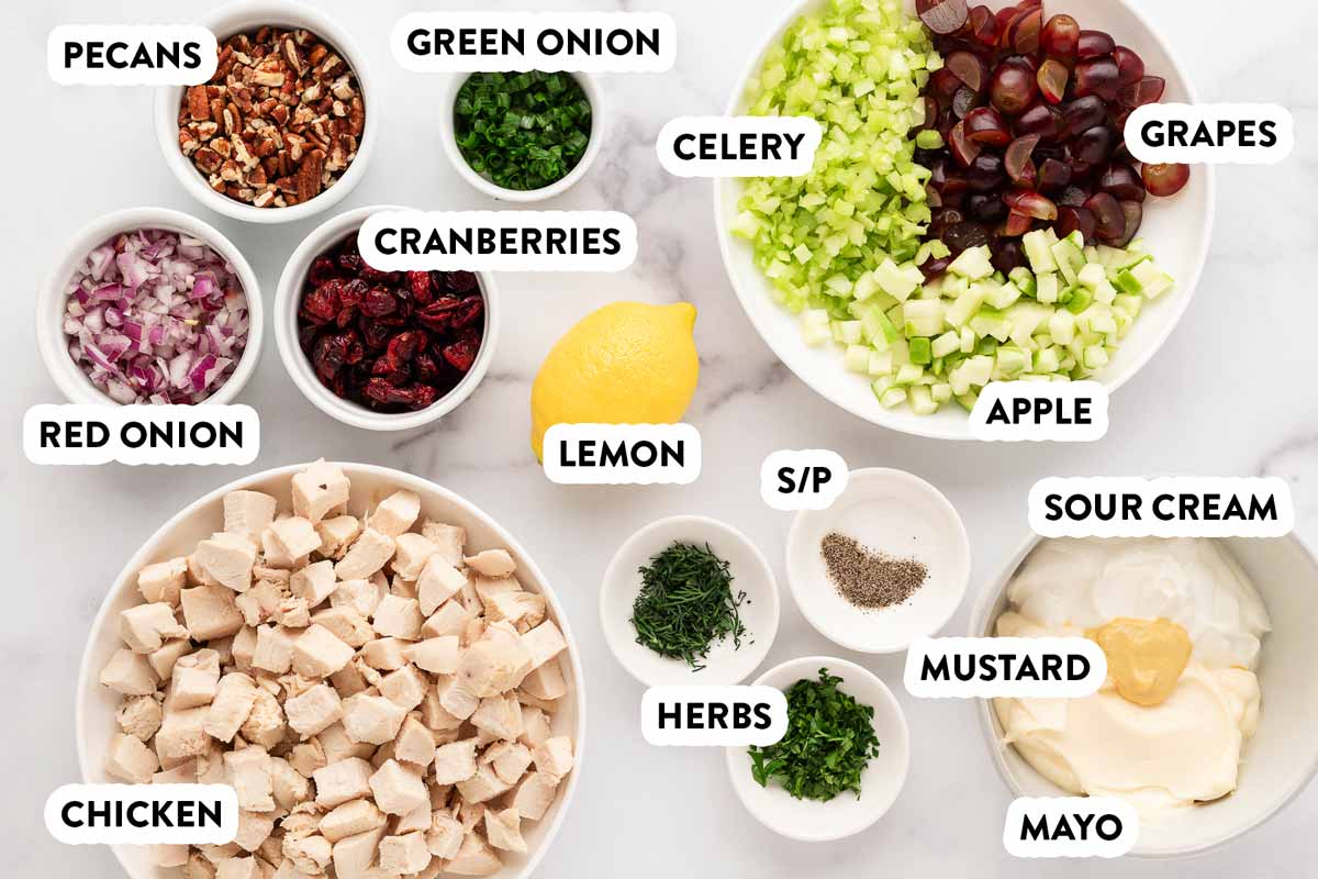 overhead view of ingredients to make chicken salad with text labels