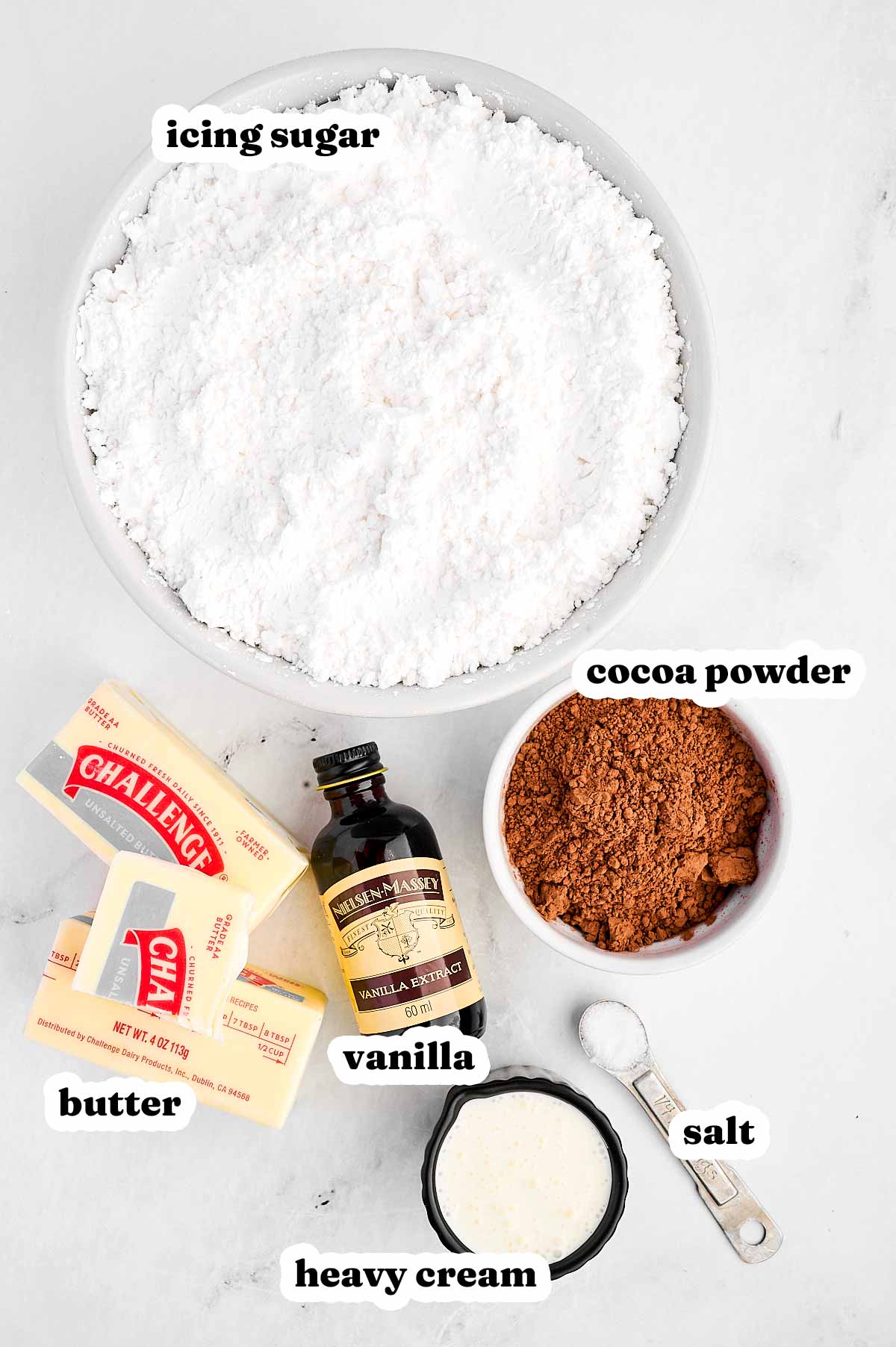 overhead view of ingredients to make chocolate buttercream frosting with text labels