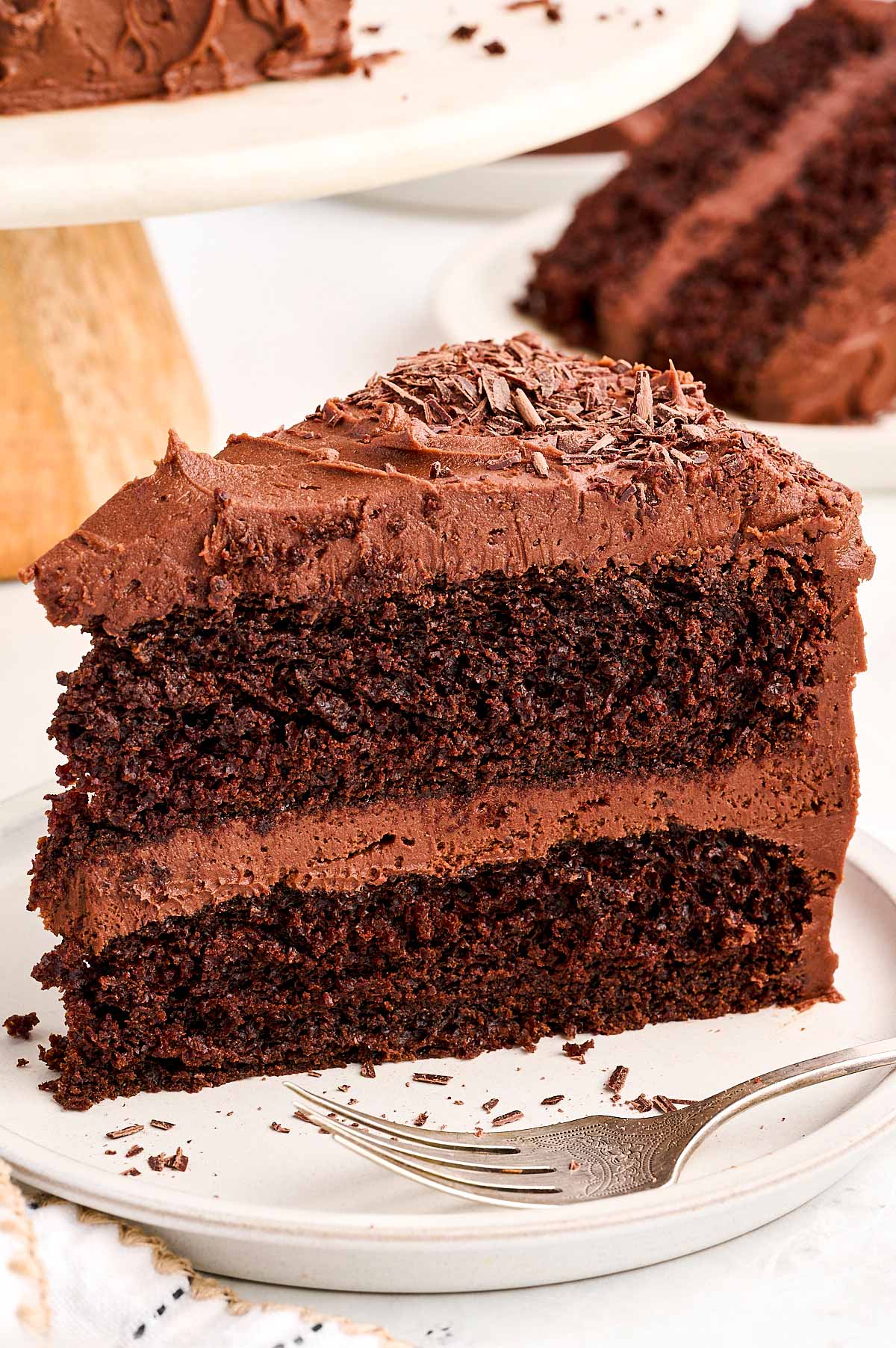 frontal view of chocolate cake slice on plate