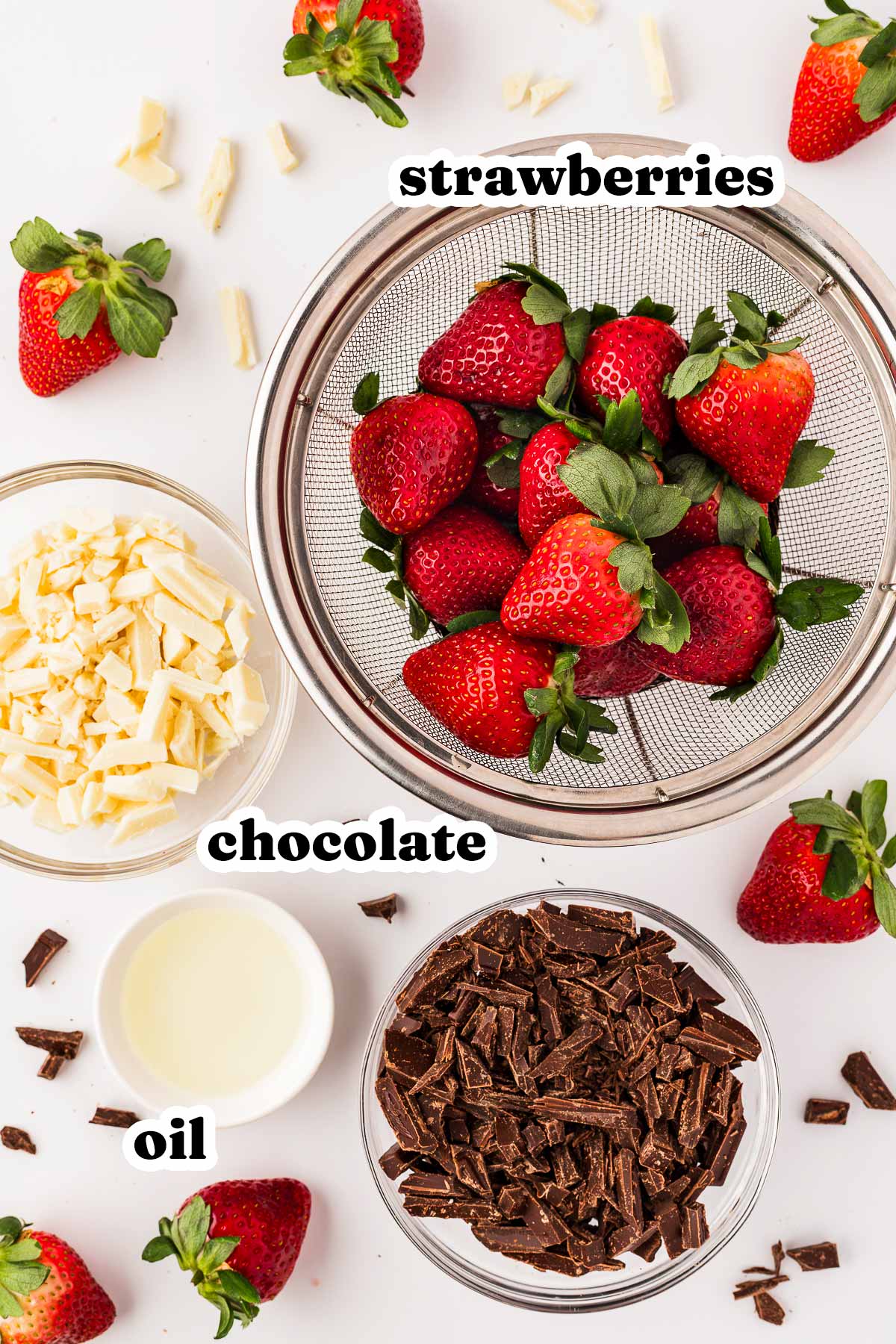 overhead view of ingredients to make chocolate covered strawberries with text labels