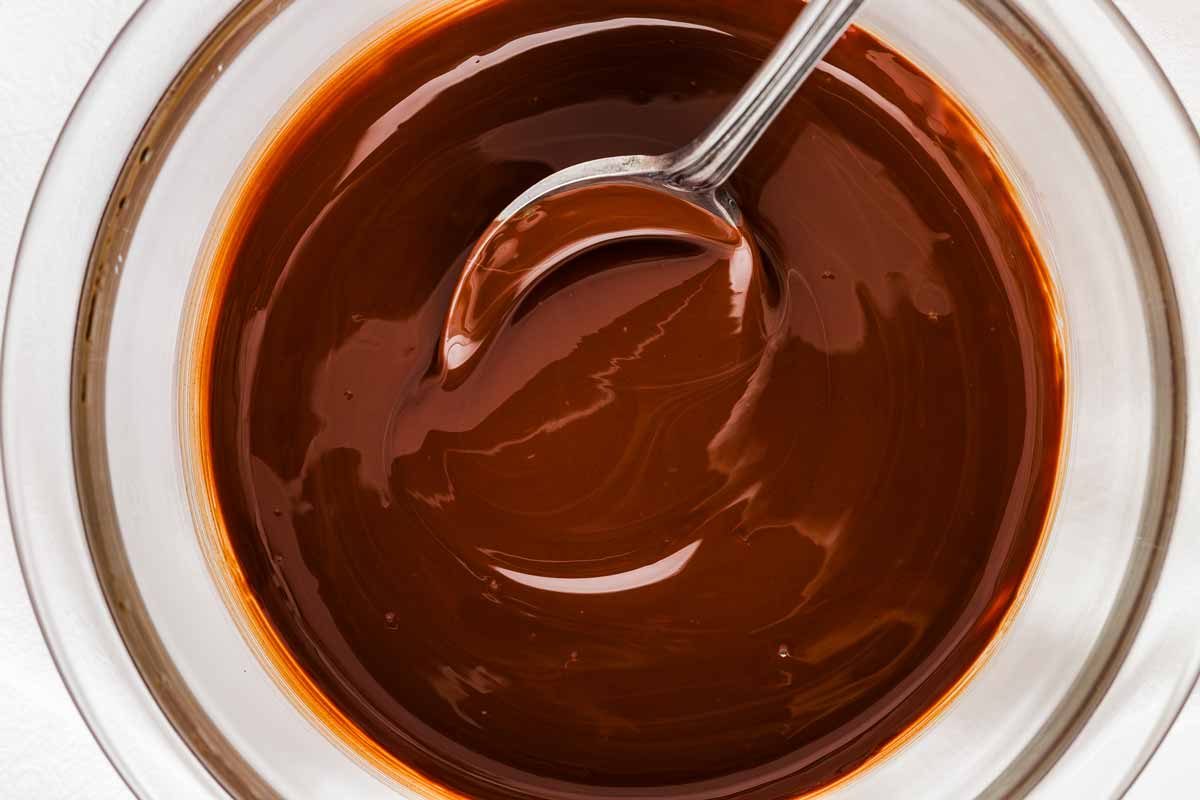 overhead view of melted chocolate in bowl with spoon