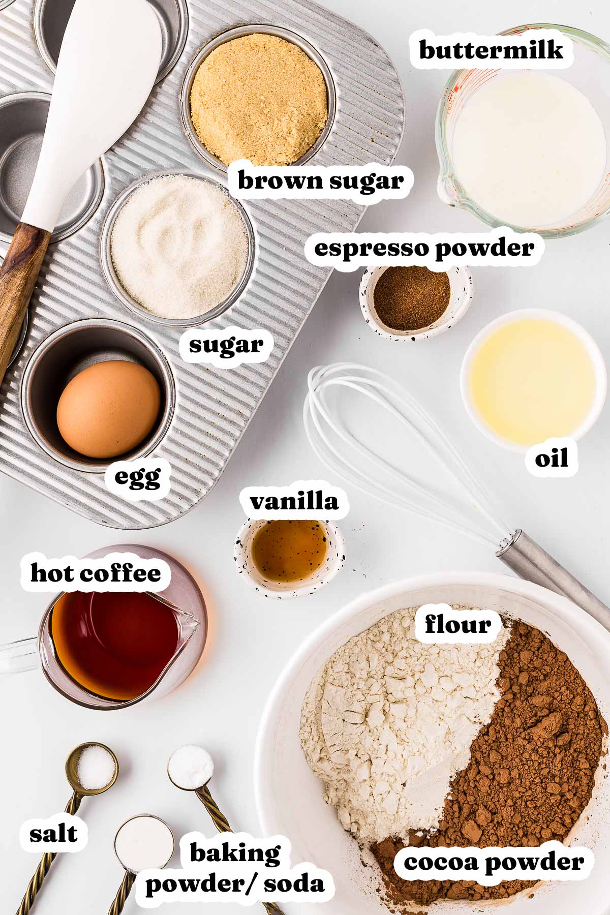 overhead view of ingredients to make chocolate cupcakes with text labels