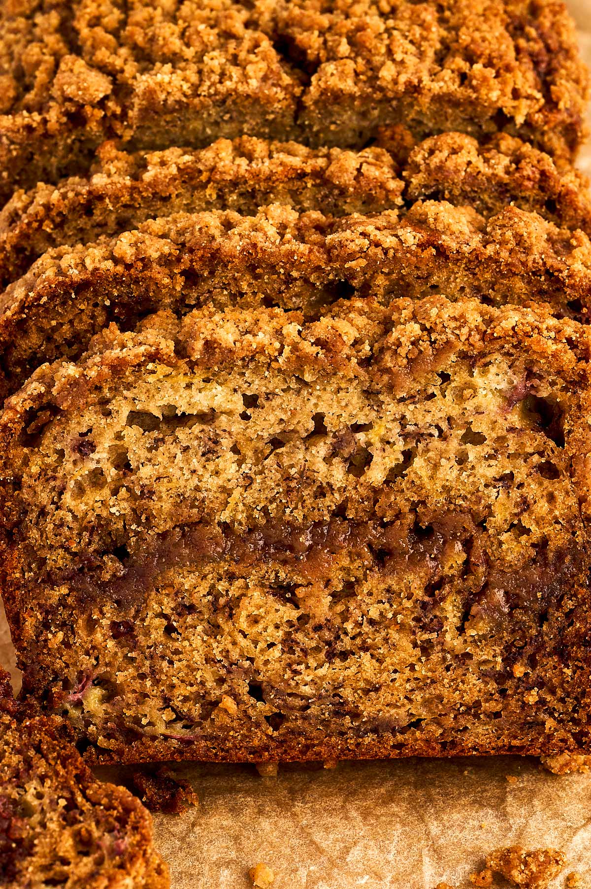 frontal close up shot of cinnamon swirl banana bread slices