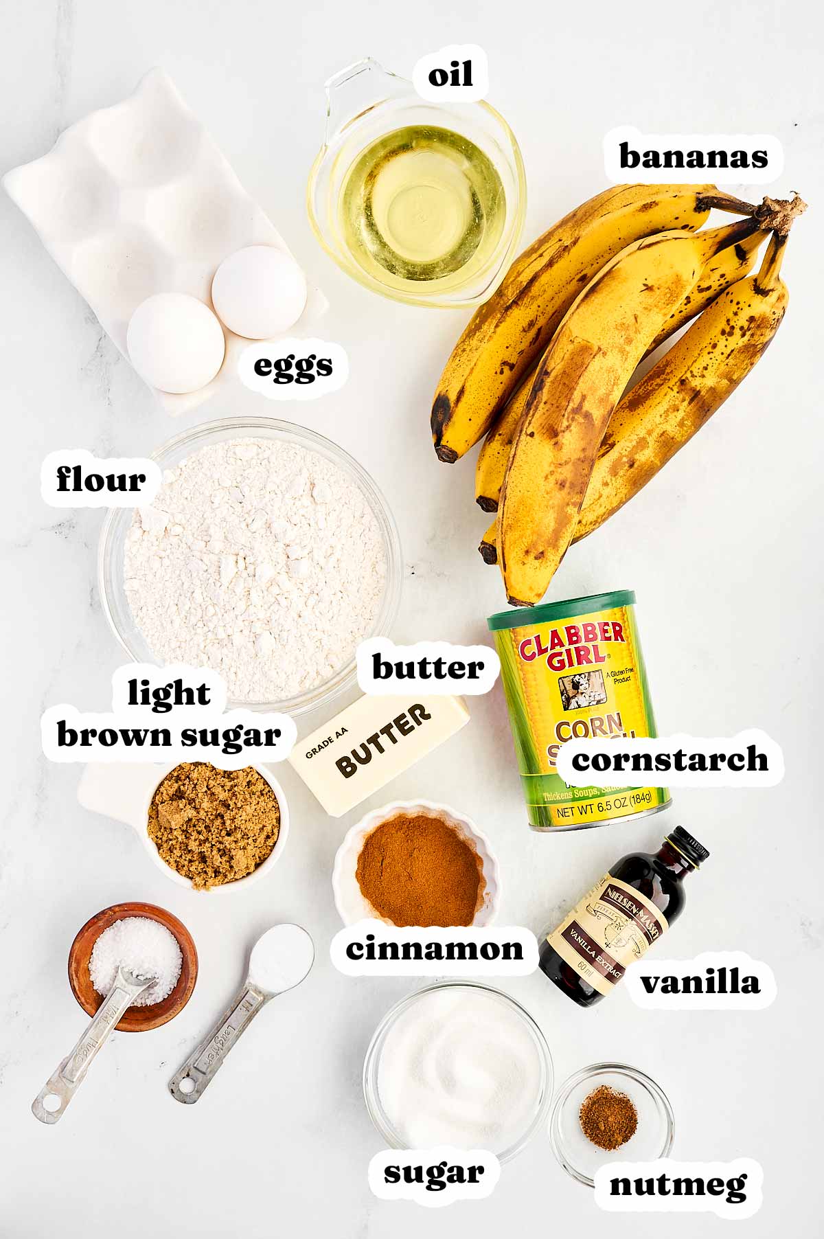 overhead view of ingredients to make cinnamon swirl banana bread with text labels