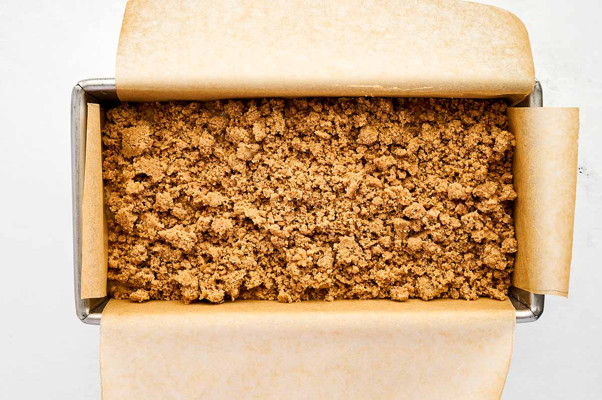 overhead view of unbaked banana bread in loaf pan