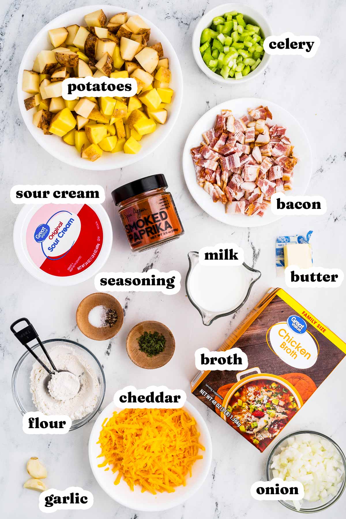 overhead view of ingredients to make potato soup with text labels