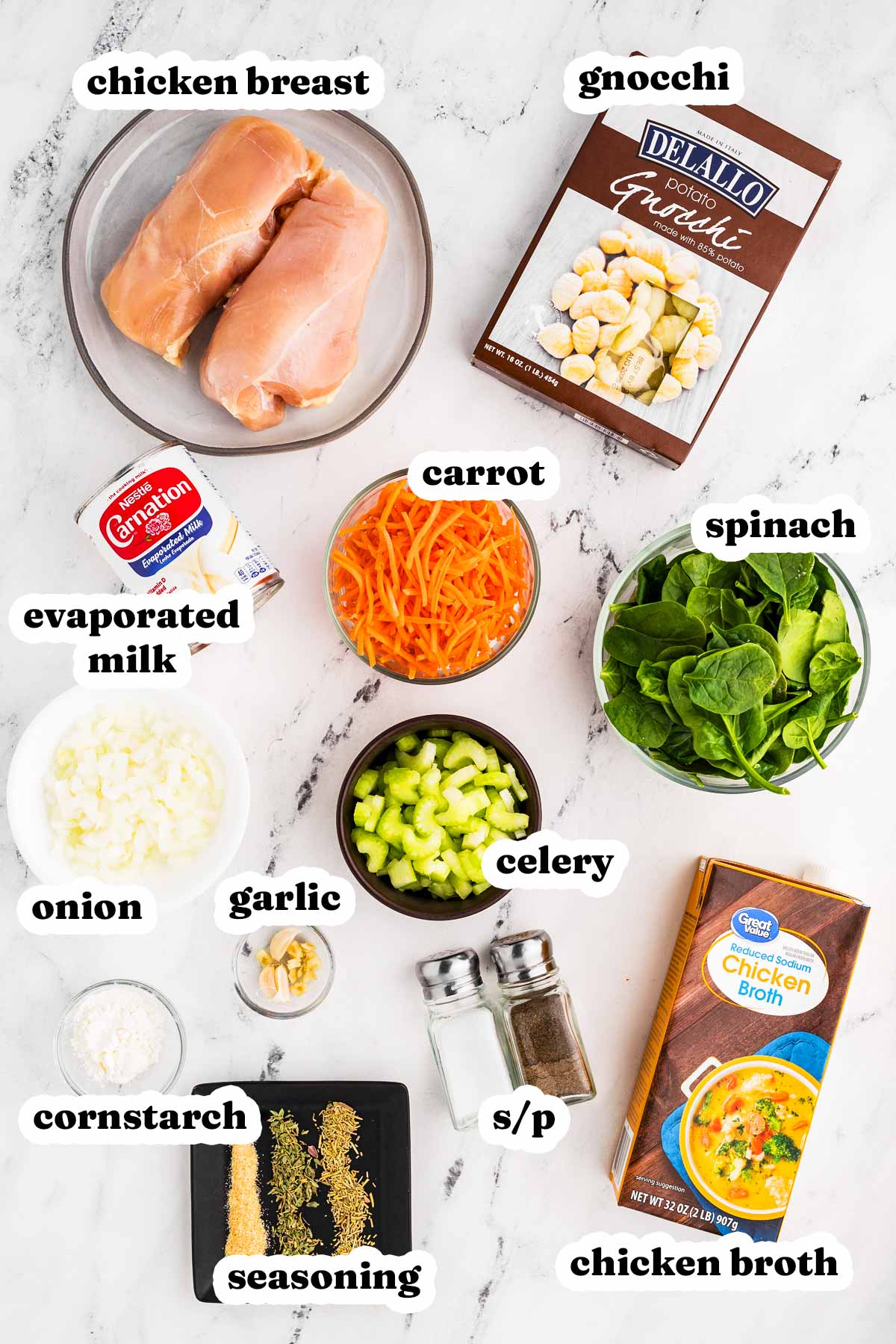 overhead view of ingredients to make chicken gnocchi soup with text labels