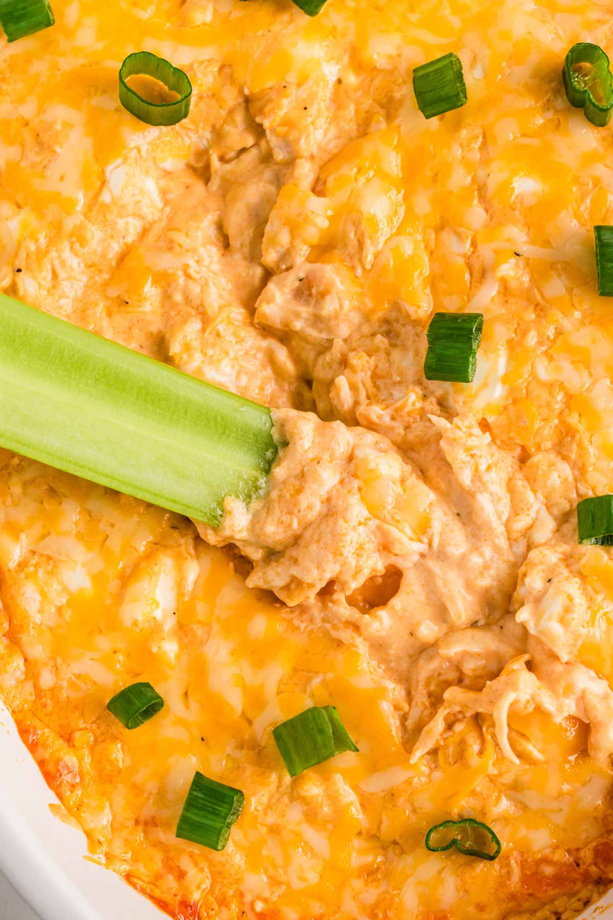 overhead close up view of celery stick in buffalo chicken dip