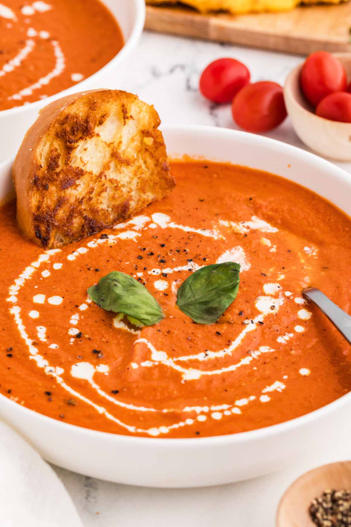 frontal view of tomato soup in bowl