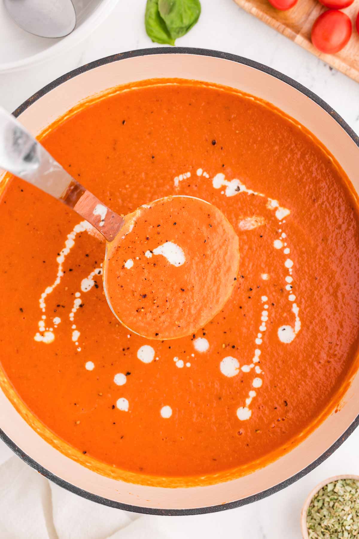 overhead view of tomato soup in pot