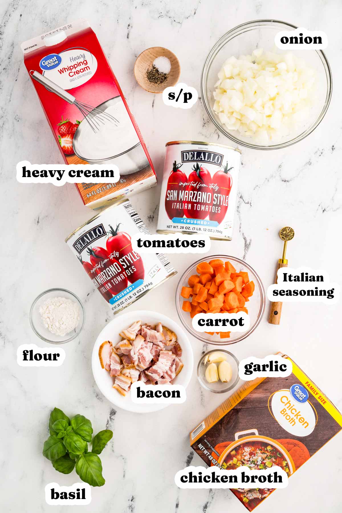 overhead view of ingredients to make easy tomato soup with text labels