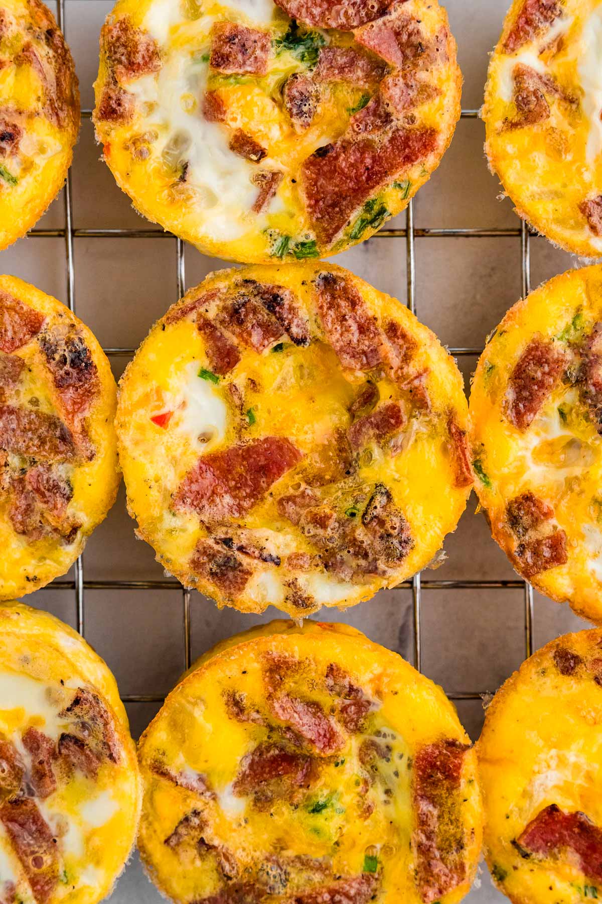 overhead view of several egg bites on cooling rack