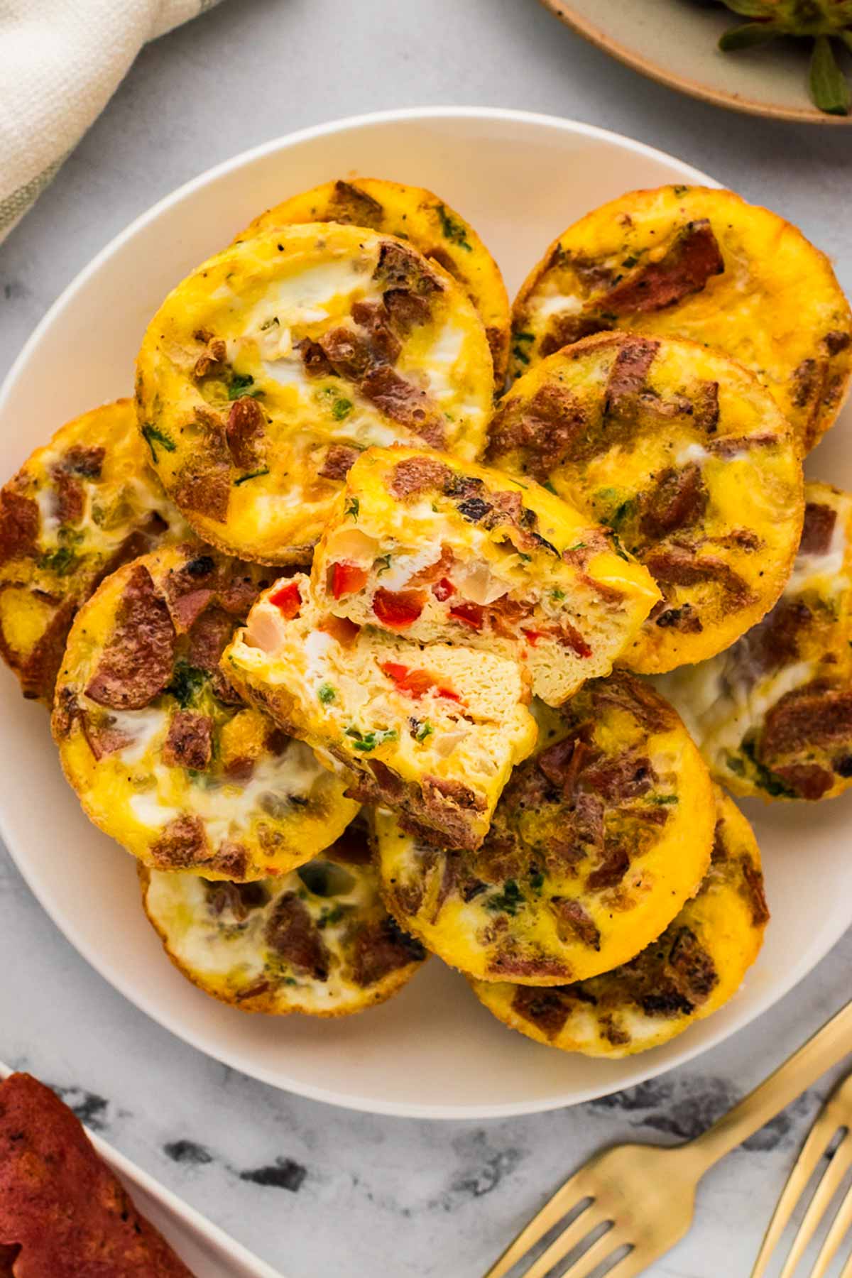 overhead view of stacked egg bites on plate