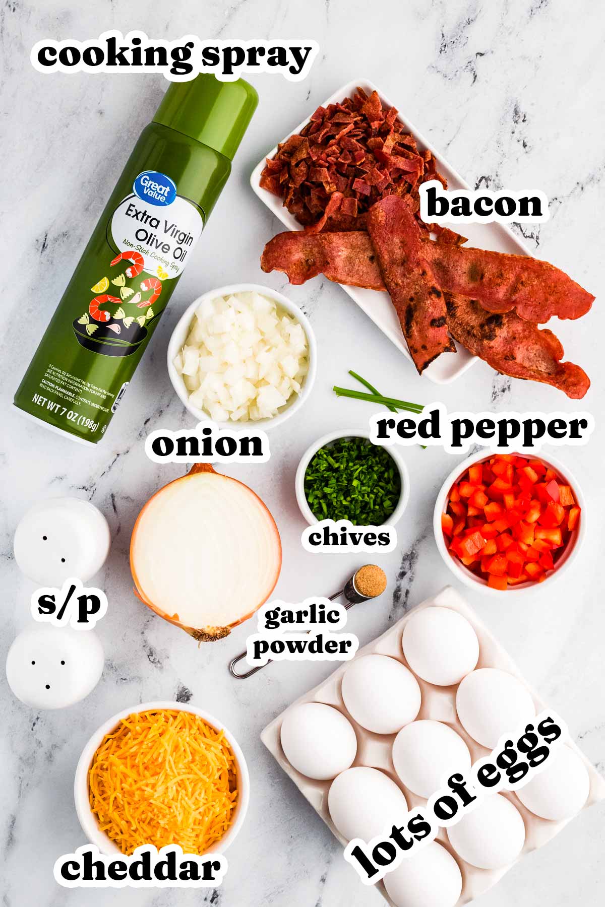 overhead view of ingredients to make egg bites with text labels