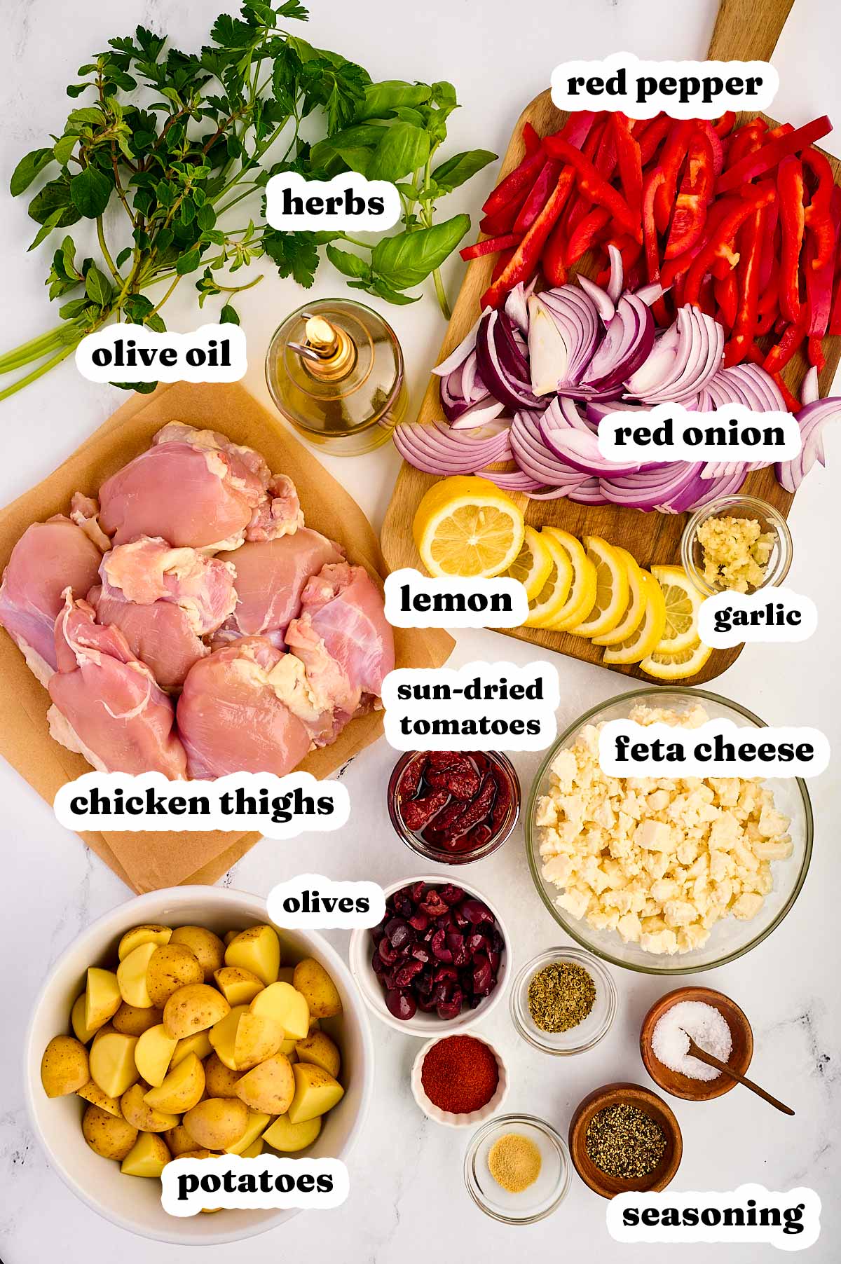 overhead view of ingredients to make a greek chicken sheet pan dinner with text labels