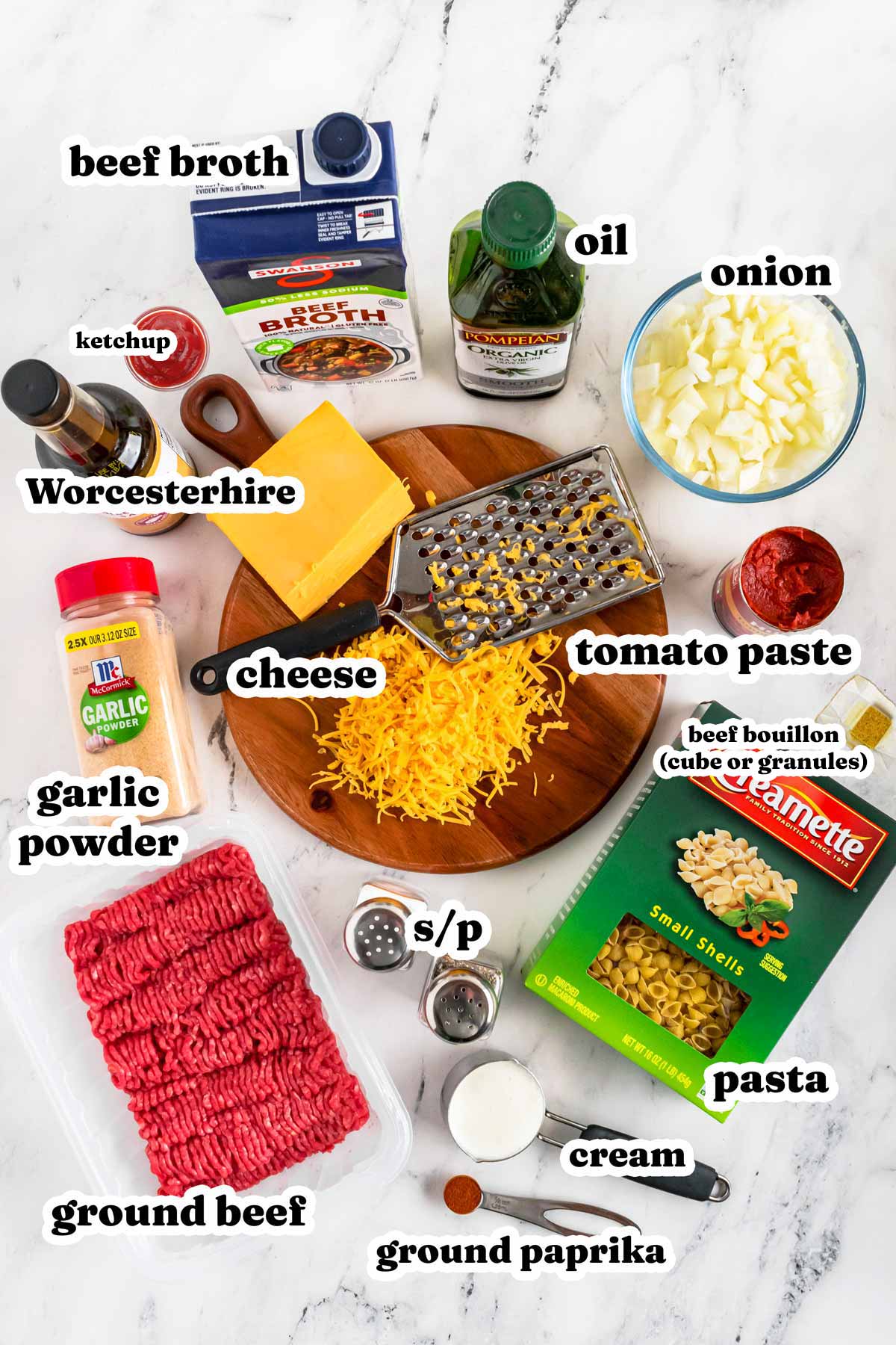 overhead view of ingredients to make homemade hamburger helper with text labels