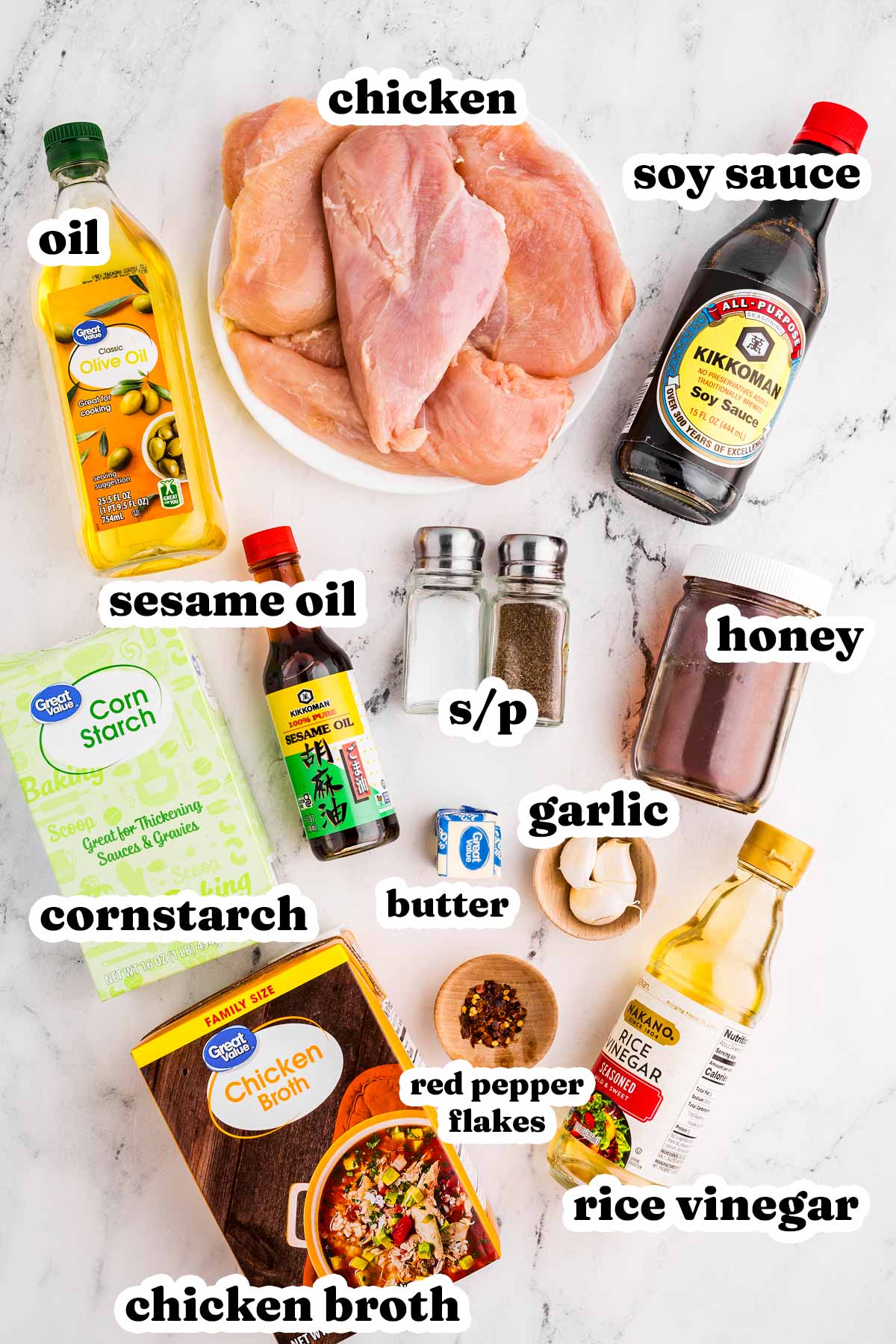 overhead view of ingredients for honey garlic chicken with text labels