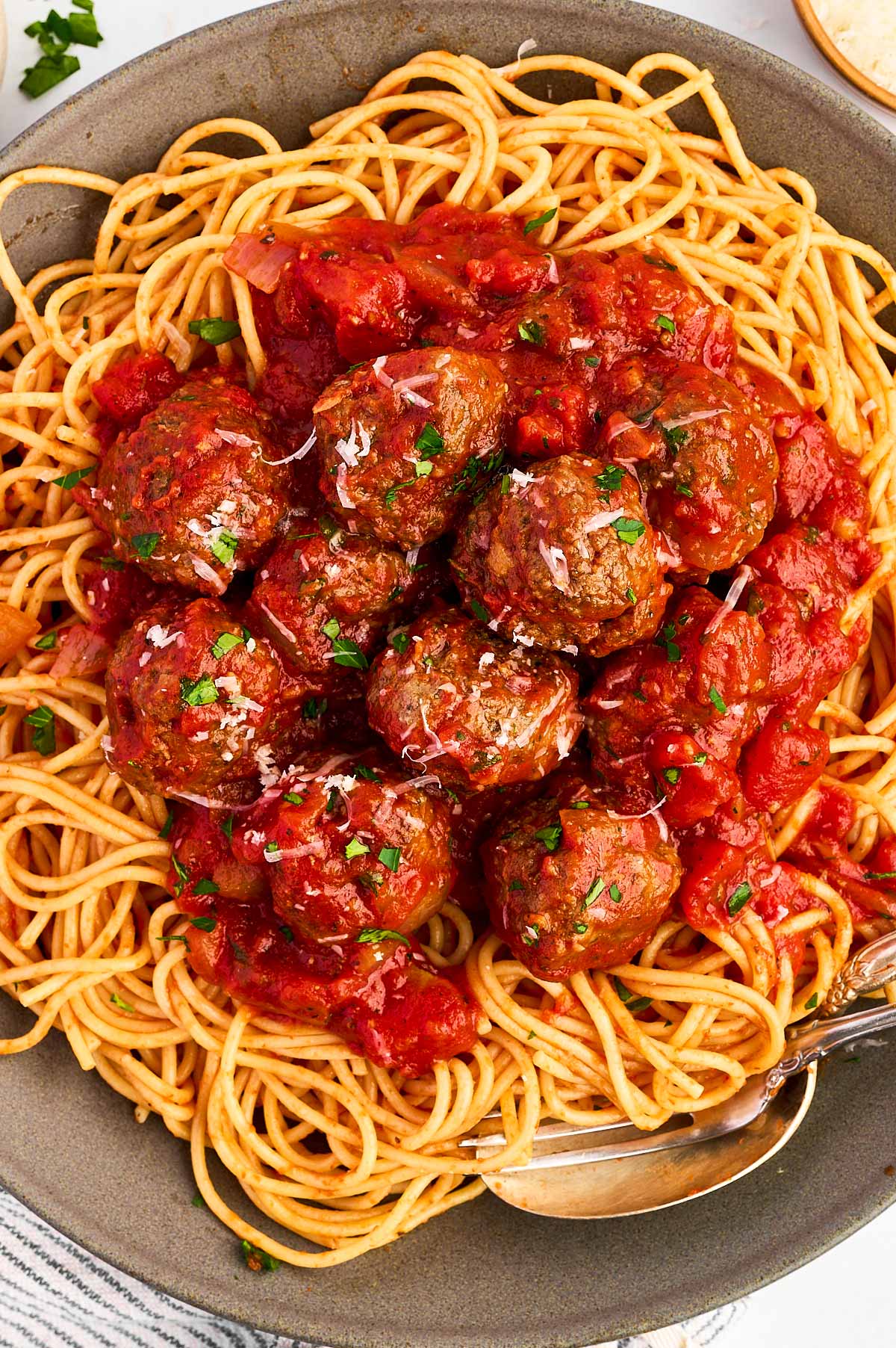 overhead view of Italian meatballs and spaghetti on plate