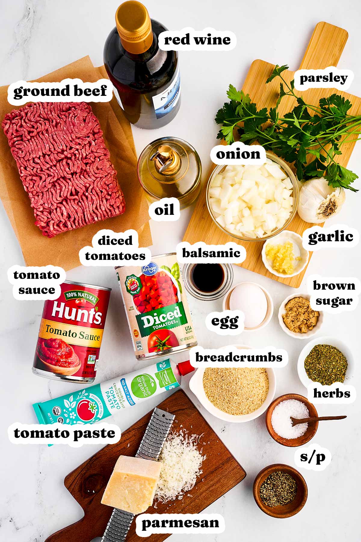 overhead view of ingredients to make Italian meatballs with text labels