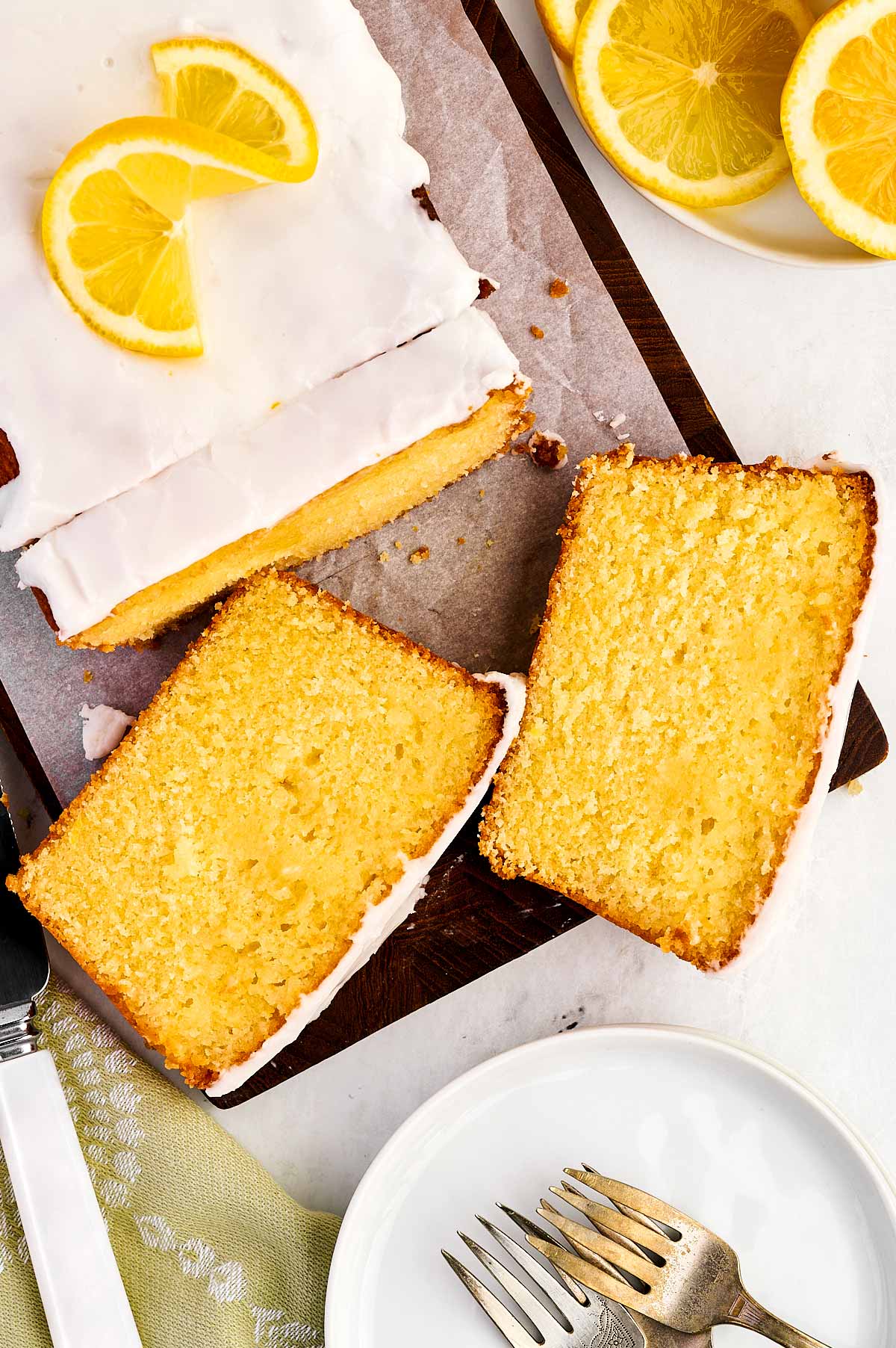 overhead view of sliced lemon loaf