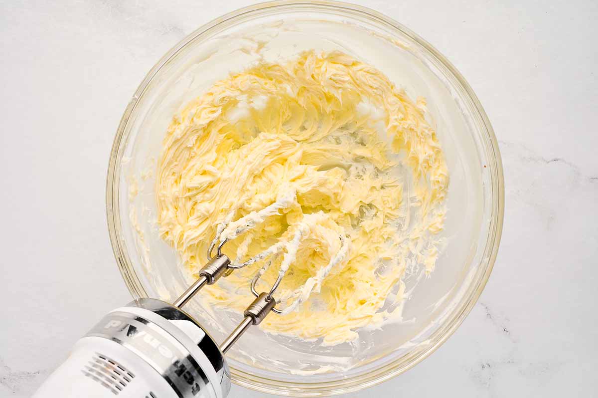 overhead view of creamed butter in bowl