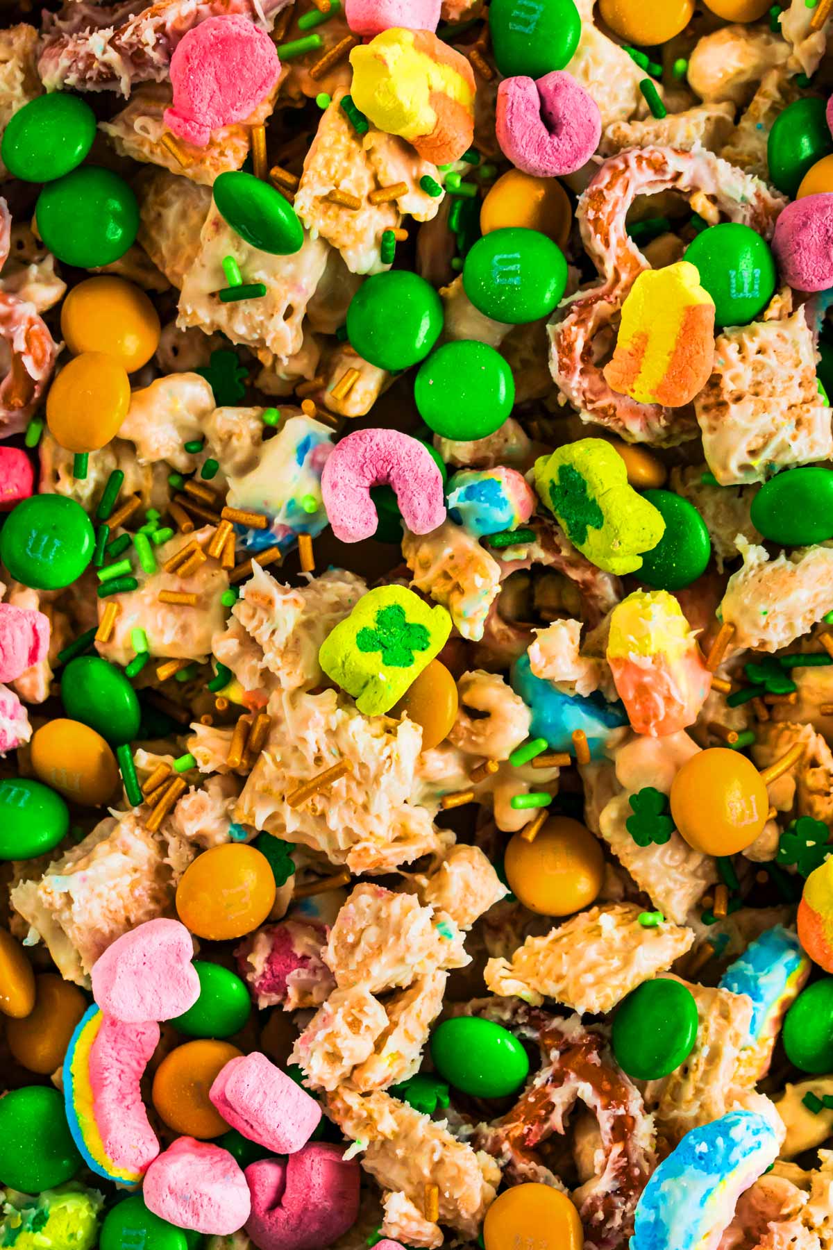 overhead close up view of leprechaun bait Chex mix