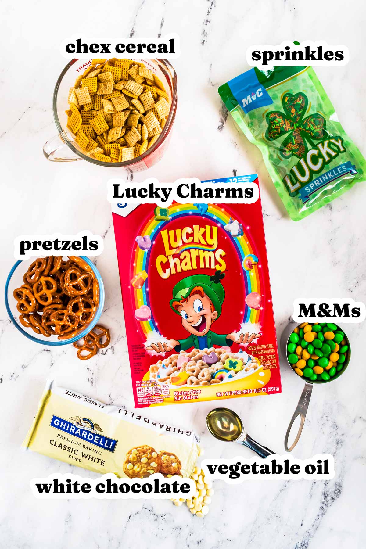 overhead view of ingredients to make leprechaun bait with text labels